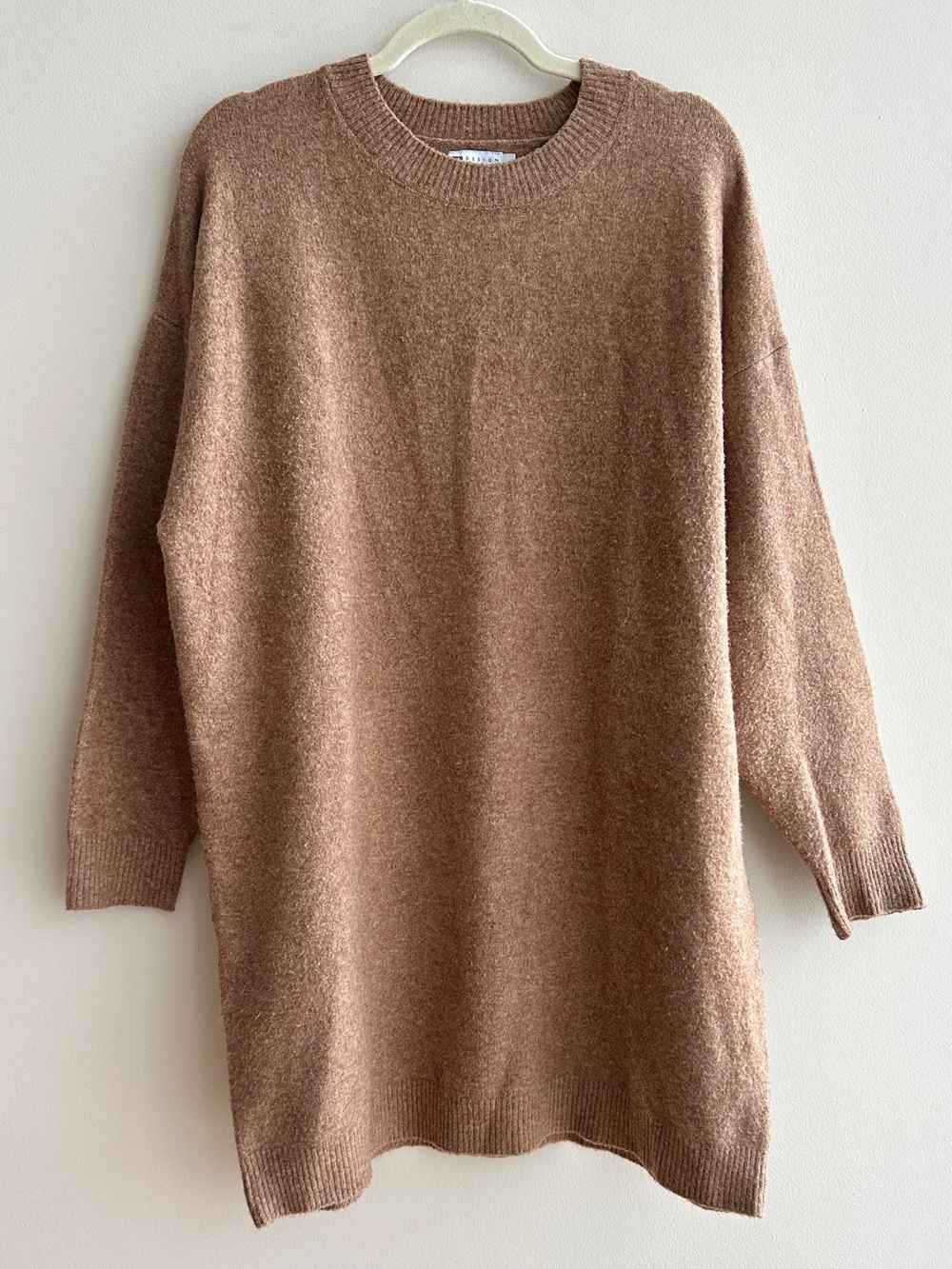 ASOS Design Knit Mini Sweater Long Sleeve Crew Neck Dress, Camel, Medium (8-10)